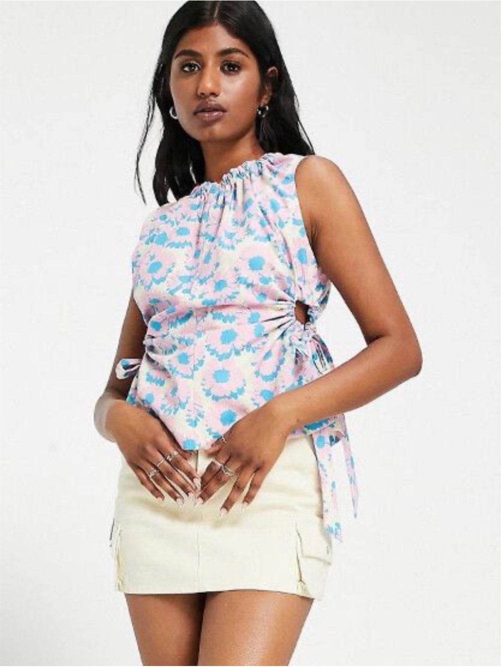 Topshop Pink and Blue Floral Side-Tie Camisole